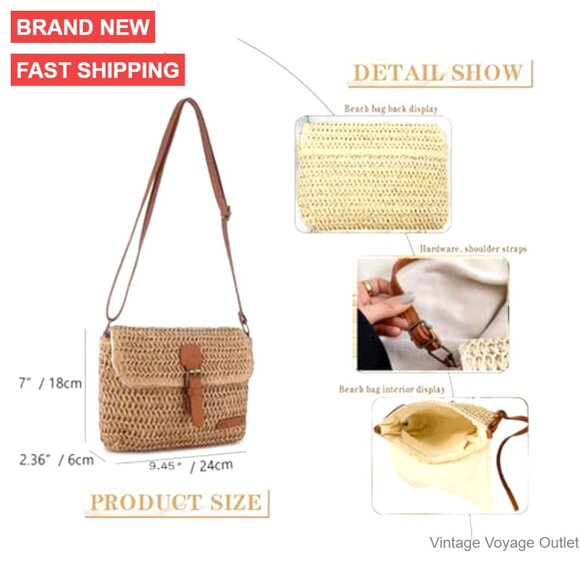 Straw Crossbody Bag Summer Beach Purse Envelope Style Casual - Picture 4 of 5